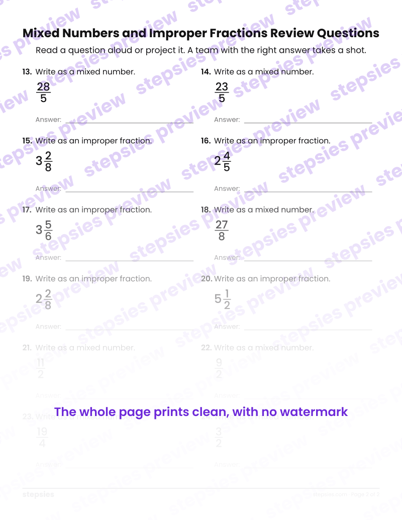 Mixed Numbers and Improper Fractions: Trashketball Review Questions: page 2