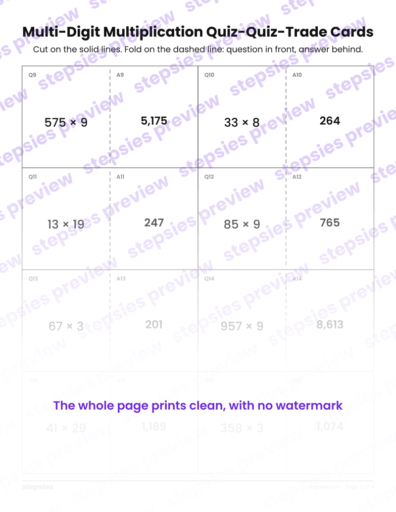 Multi-Digit Multiplication: Quiz-Quiz-Trade Cards: page 2