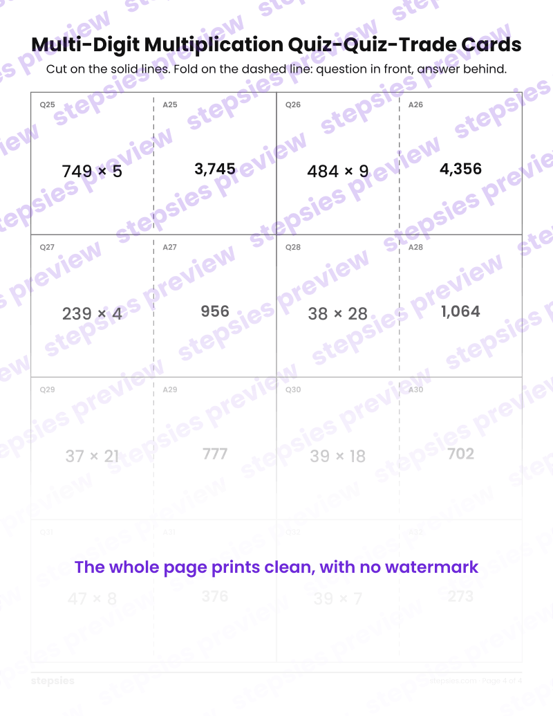 Multi-Digit Multiplication: Quiz-Quiz-Trade Cards: page 4