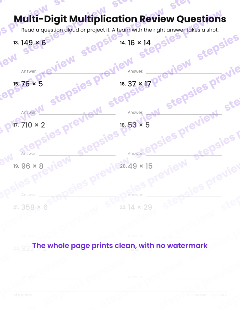 Multi-Digit Multiplication: Trashketball Review Questions: page 2