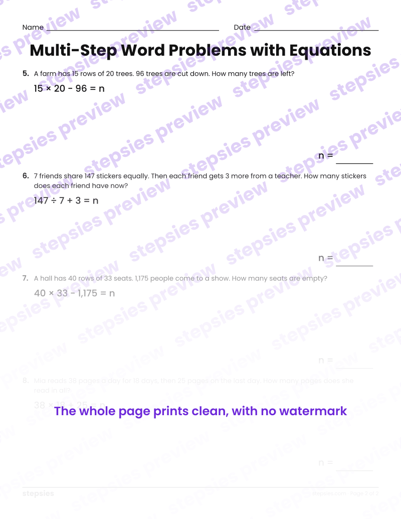 Multi-Step Word Problems with Equations: page 2