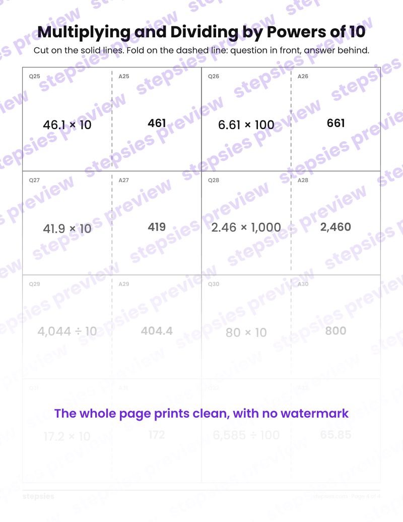 Multiplying and Dividing by Powers of 10: Quiz-Quiz-Trade Cards: page 4