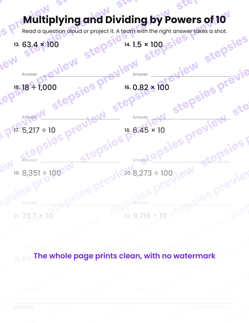 Multiplying and Dividing by Powers of 10: Trashketball Review Questions: page 2