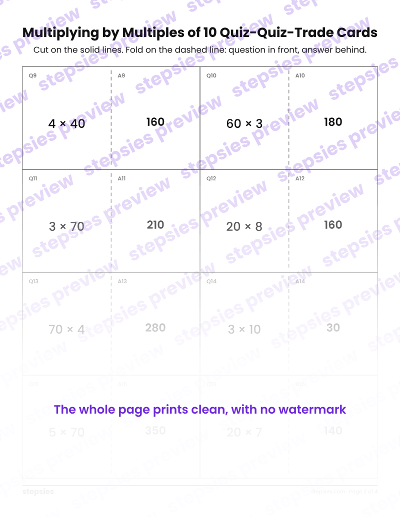 Multiplying by Multiples of 10: Quiz-Quiz-Trade Cards: page 2