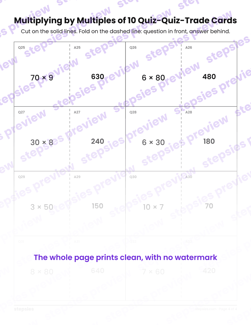 Multiplying by Multiples of 10: Quiz-Quiz-Trade Cards: page 4