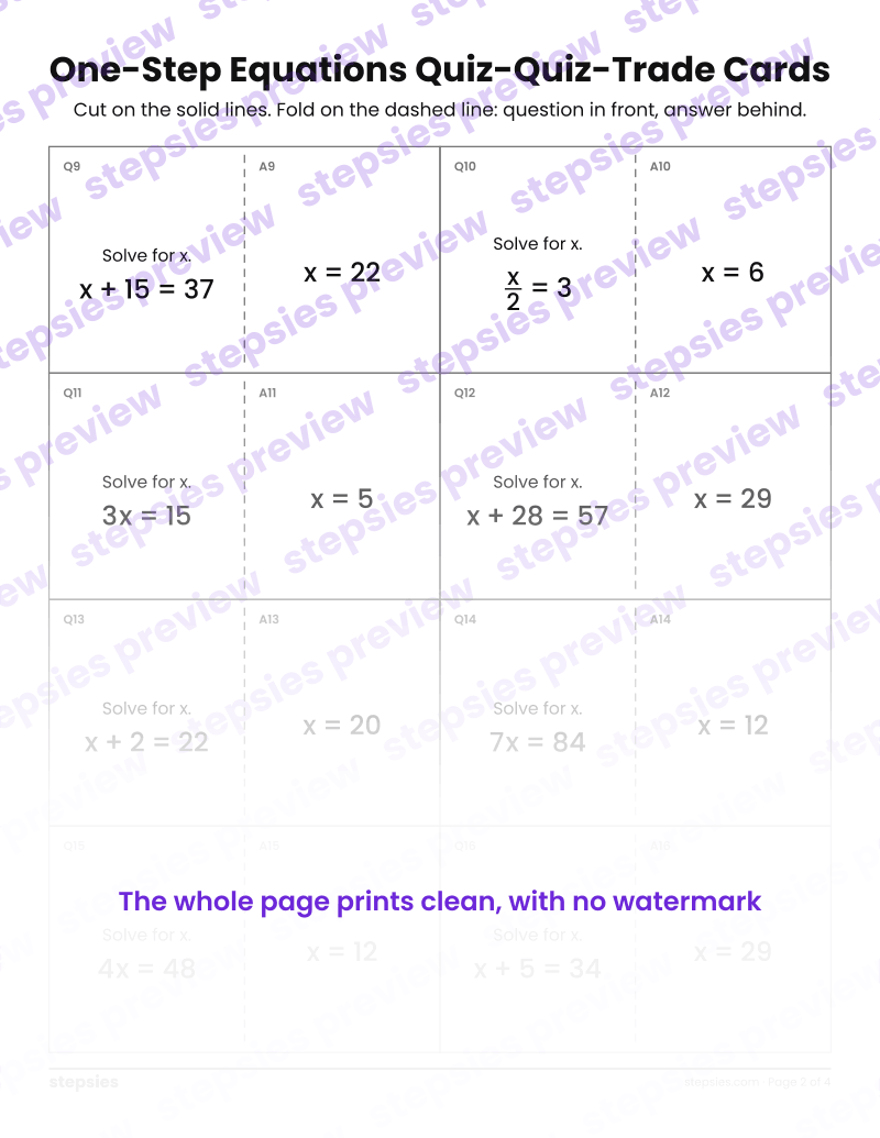 One-Step Equations: Quiz-Quiz-Trade Cards: page 2