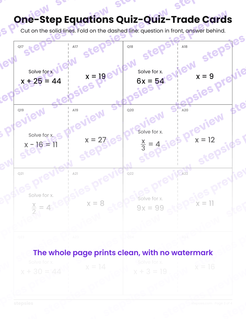 One-Step Equations: Quiz-Quiz-Trade Cards: page 3