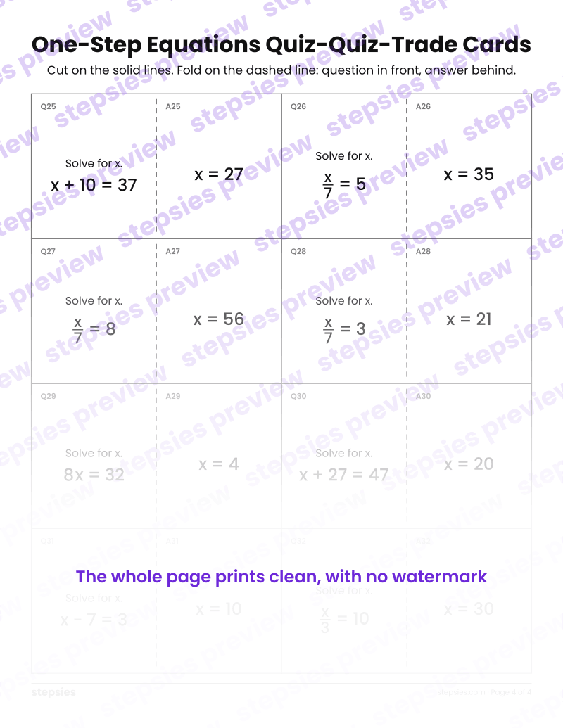 One-Step Equations: Quiz-Quiz-Trade Cards: page 4