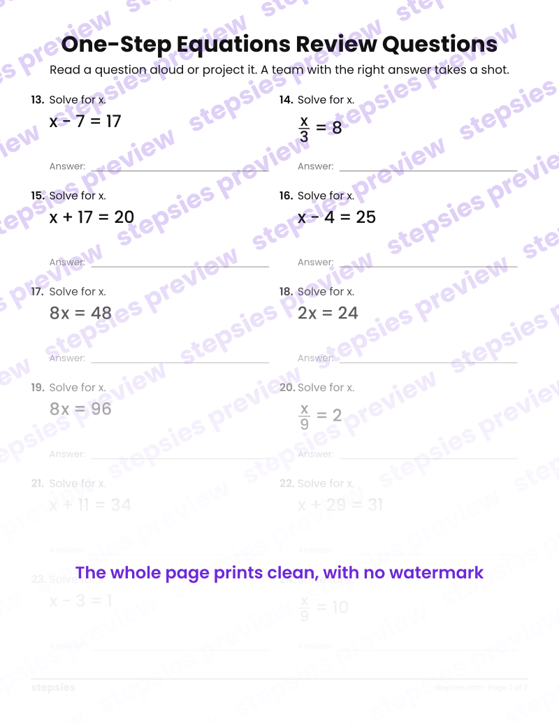One-Step Equations: Trashketball Review Questions: page 2