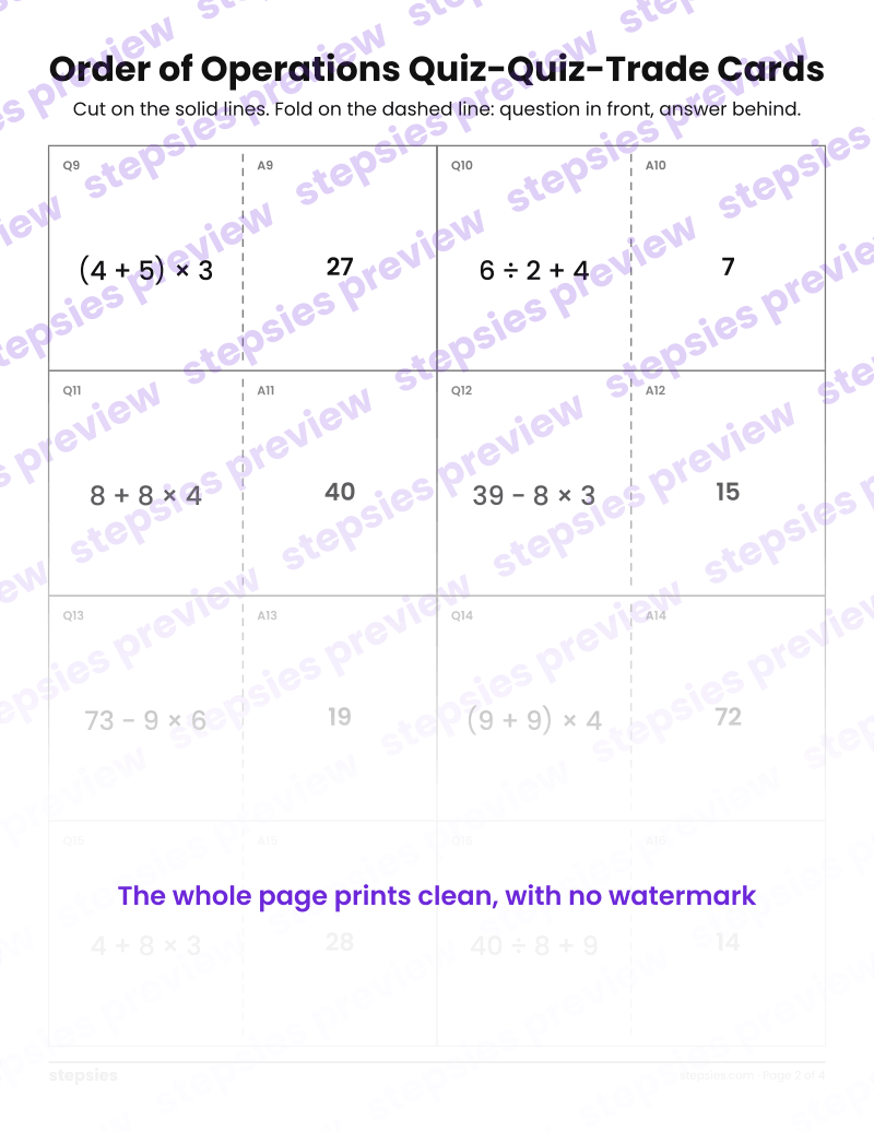 Order of Operations: Quiz-Quiz-Trade Cards: page 2