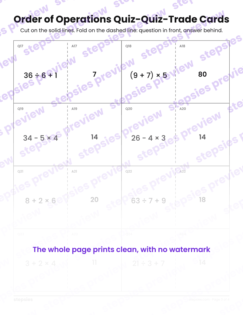 Order of Operations: Quiz-Quiz-Trade Cards: page 3