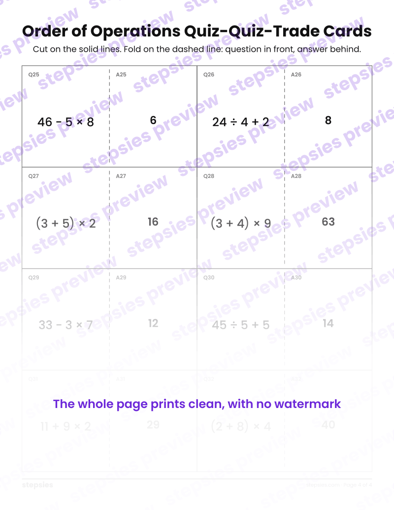 Order of Operations: Quiz-Quiz-Trade Cards: page 4
