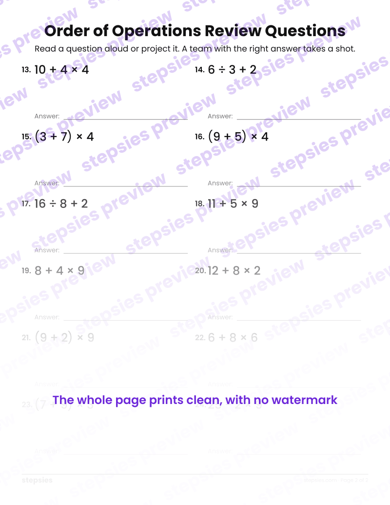 Order of Operations: Trashketball Review Questions: page 2