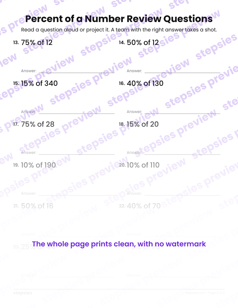 Percent of a Number: Trashketball Review Questions: page 2