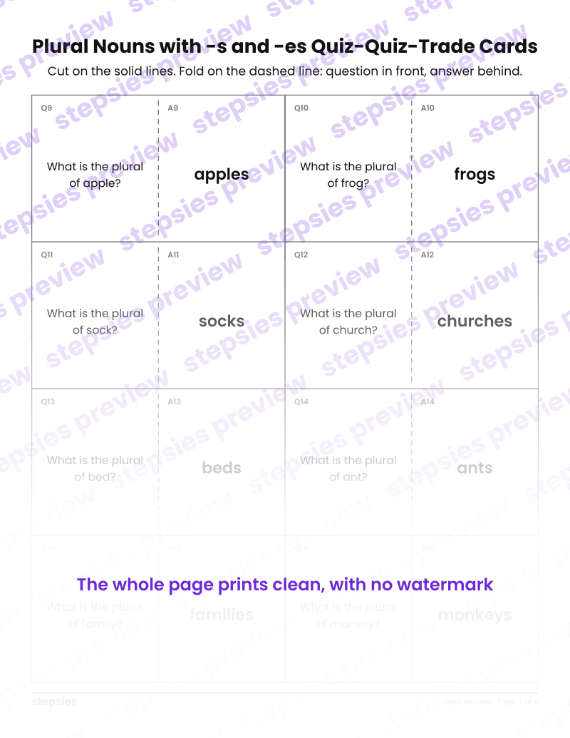 Plural Nouns with -s and -es: Quiz-Quiz-Trade Cards: page 2