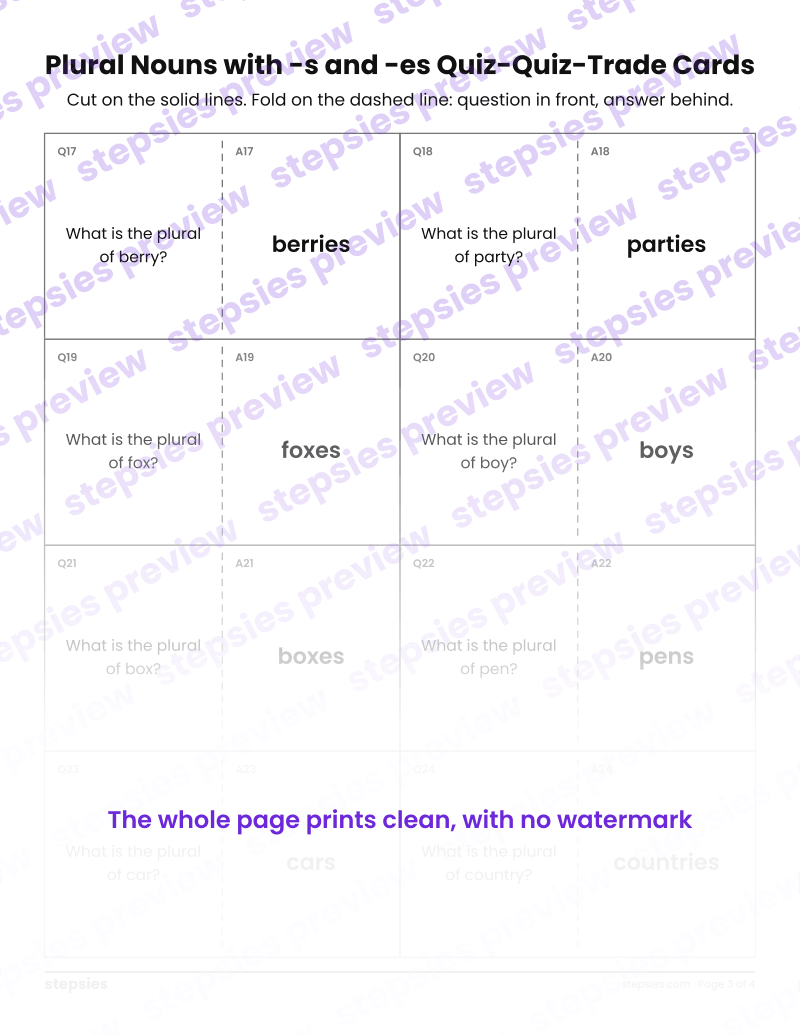Plural Nouns with -s and -es: Quiz-Quiz-Trade Cards: page 3