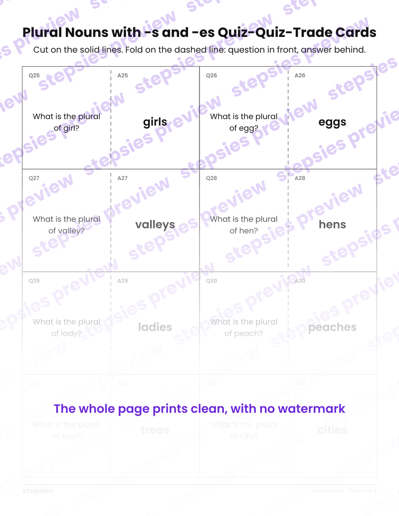 Plural Nouns with -s and -es: Quiz-Quiz-Trade Cards: page 4