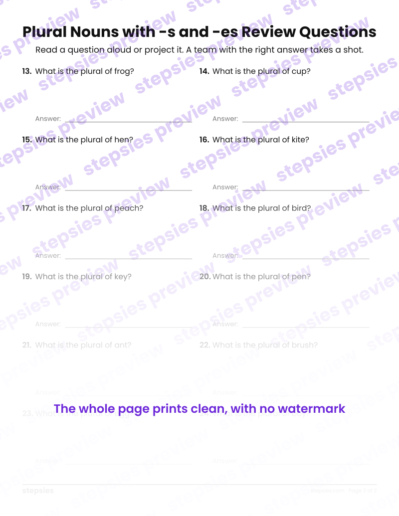 Plural Nouns with -s and -es: Trashketball Review Questions: page 2
