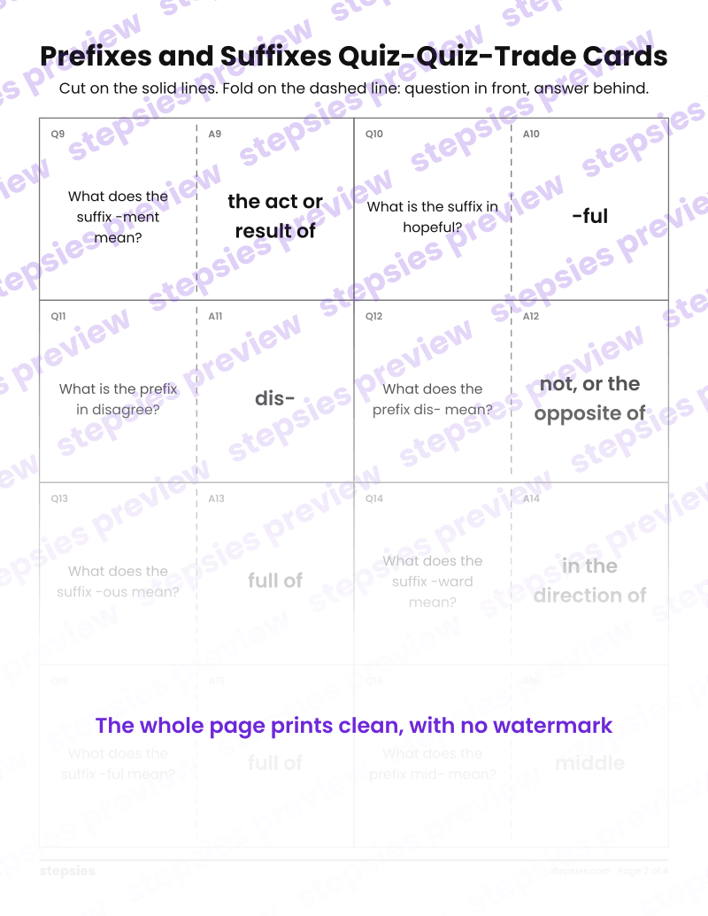 Prefixes and Suffixes: Quiz-Quiz-Trade Cards: page 2