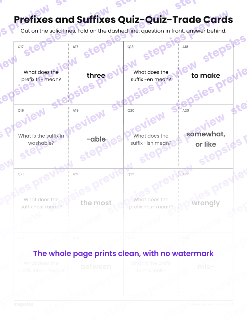 Prefixes and Suffixes: Quiz-Quiz-Trade Cards: page 3