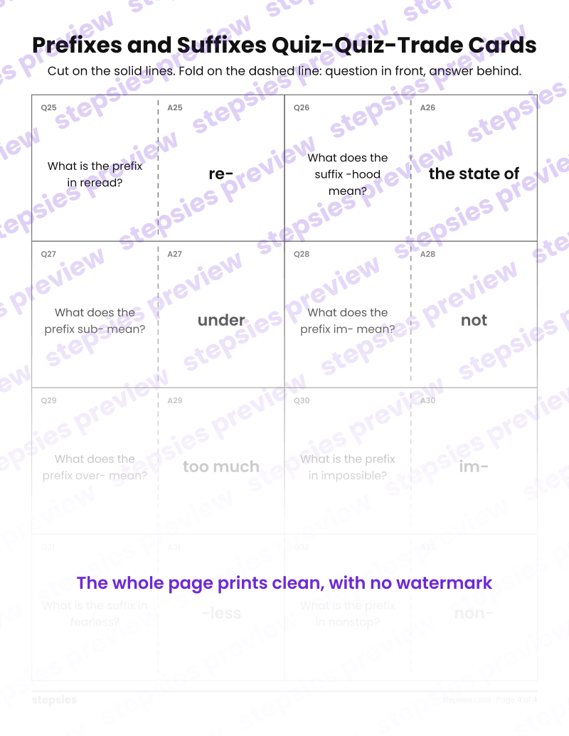 Prefixes and Suffixes: Quiz-Quiz-Trade Cards: page 4