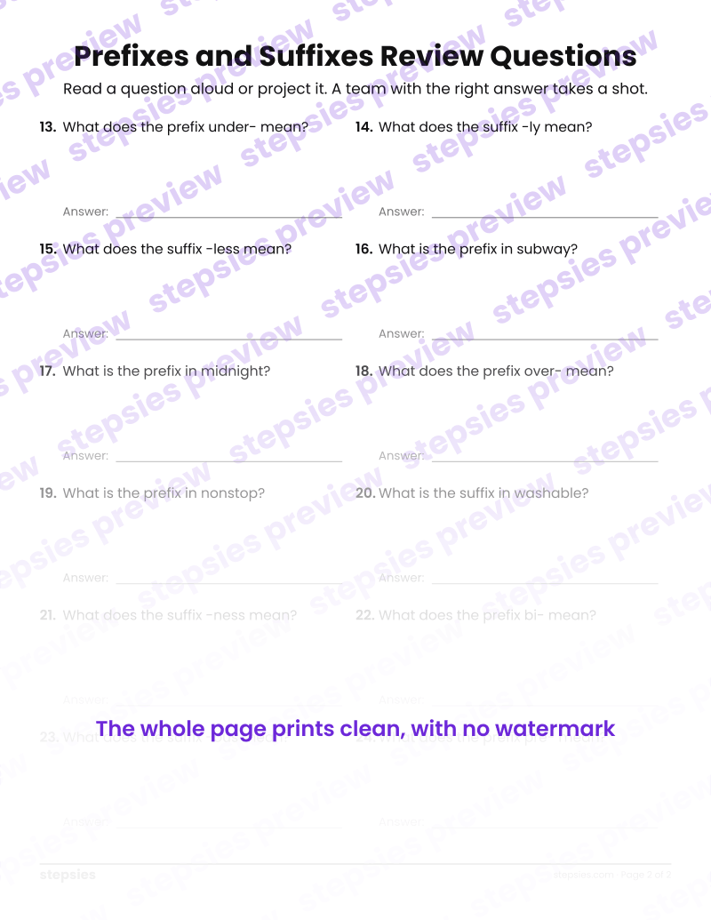 Prefixes and Suffixes: Trashketball Review Questions: page 2