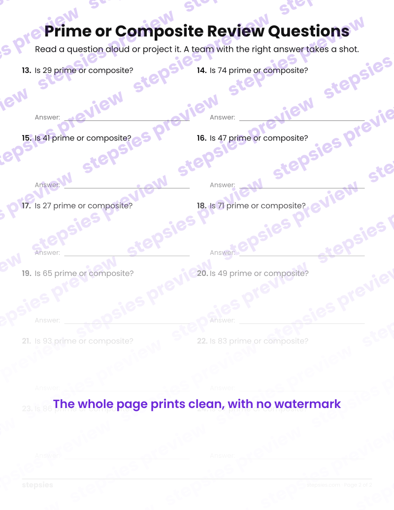 Prime or Composite: Trashketball Review Questions: page 2