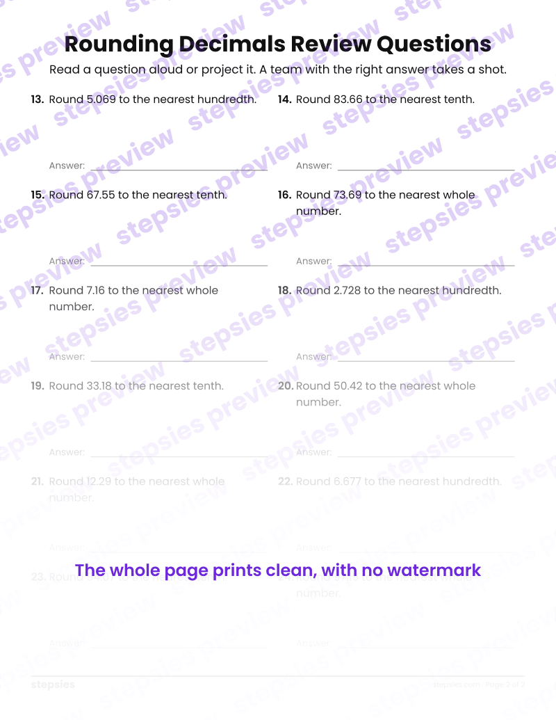 Rounding Decimals: Trashketball Review Questions: page 2