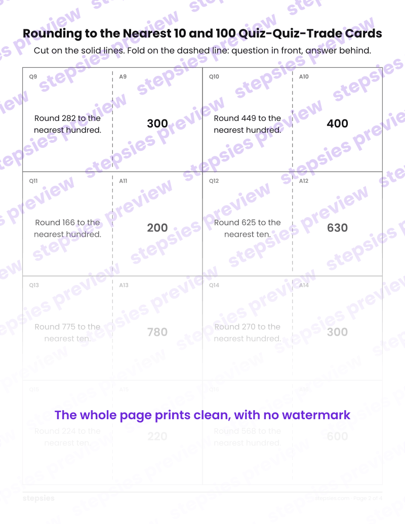 Rounding to the Nearest 10 and 100: Quiz-Quiz-Trade Cards: page 2