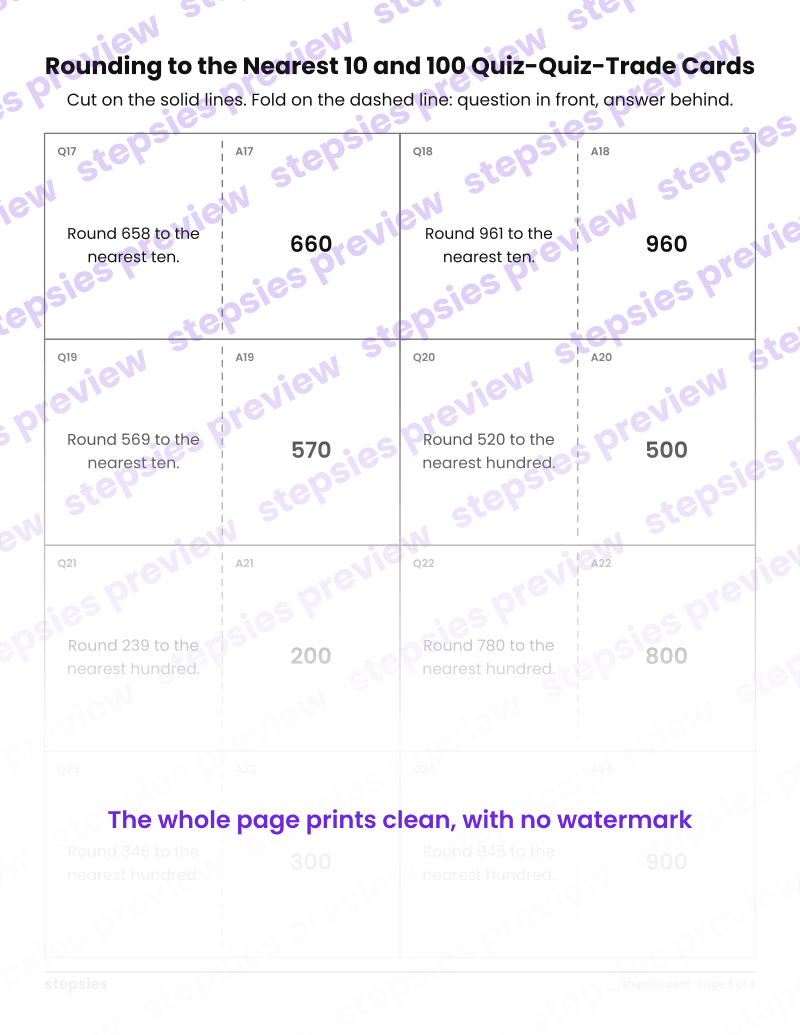 Rounding to the Nearest 10 and 100: Quiz-Quiz-Trade Cards: page 3