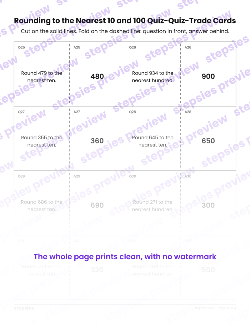Rounding to the Nearest 10 and 100: Quiz-Quiz-Trade Cards: page 4