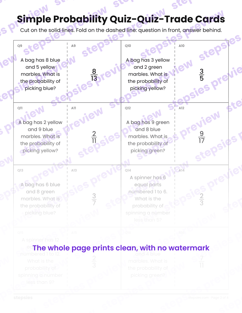 Simple Probability: Quiz-Quiz-Trade Cards: page 2