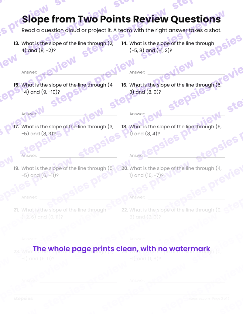 Slope from Two Points: Trashketball Review Questions: page 2