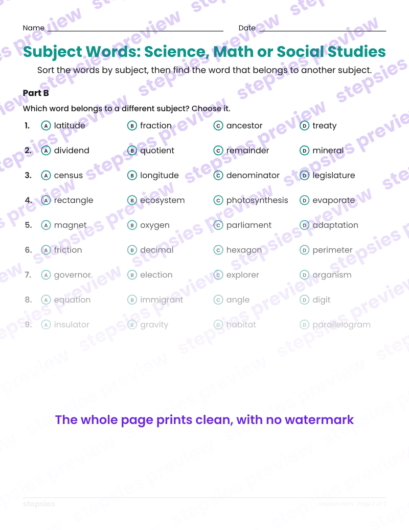 Subject Words: Science, Math or Social Studies: page 2