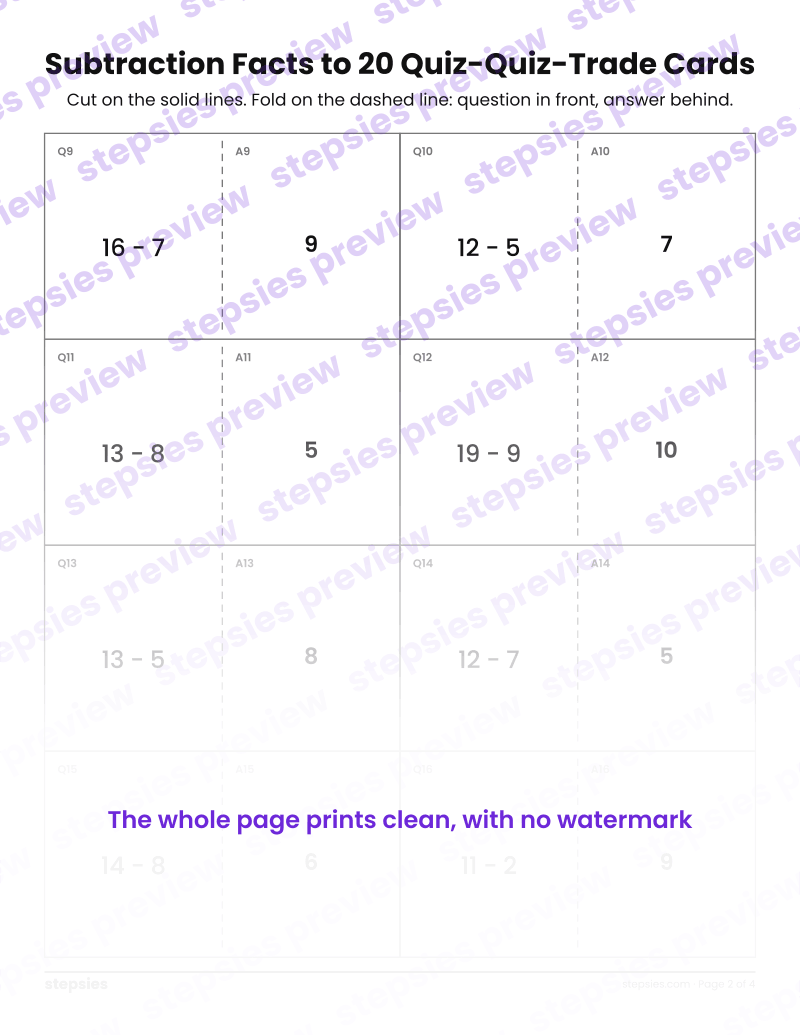 Subtraction Facts to 20: Quiz-Quiz-Trade Cards: page 2