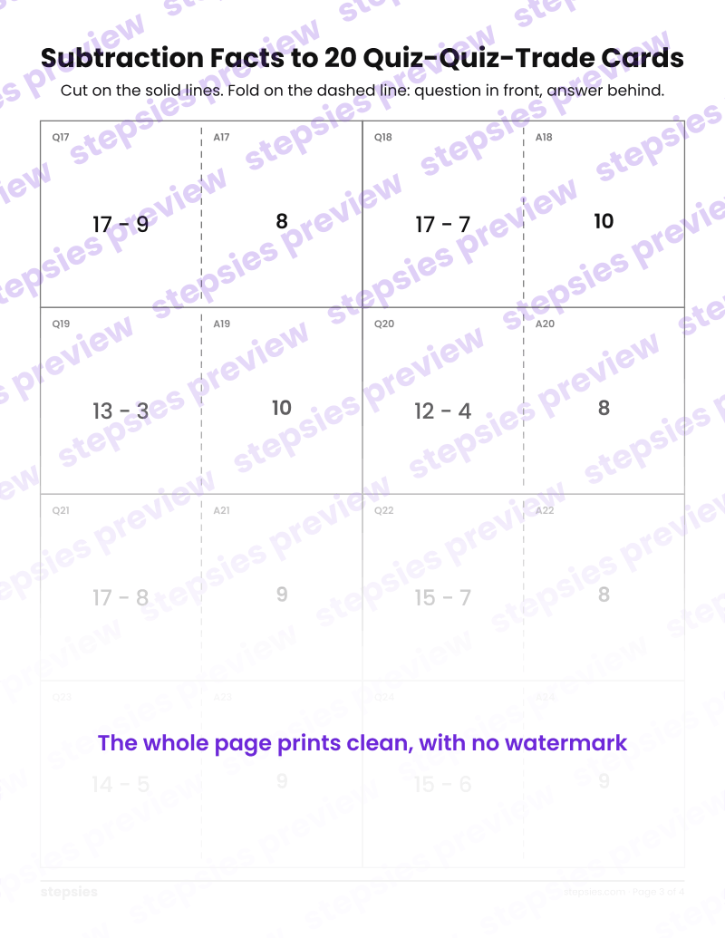 Subtraction Facts to 20: Quiz-Quiz-Trade Cards: page 3
