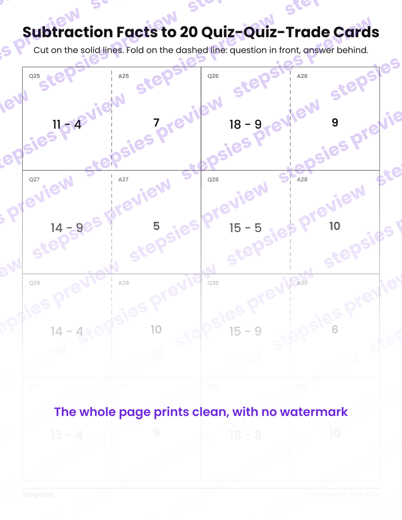 Subtraction Facts to 20: Quiz-Quiz-Trade Cards: page 4