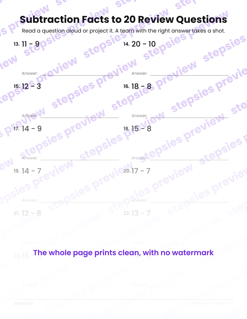 Subtraction Facts to 20: Trashketball Review Questions: page 2