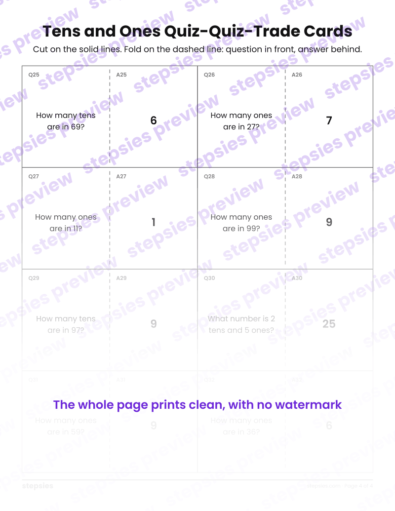 Tens and Ones: Quiz-Quiz-Trade Cards: page 4