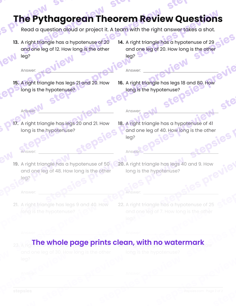 The Pythagorean Theorem: Trashketball Review Questions: page 2