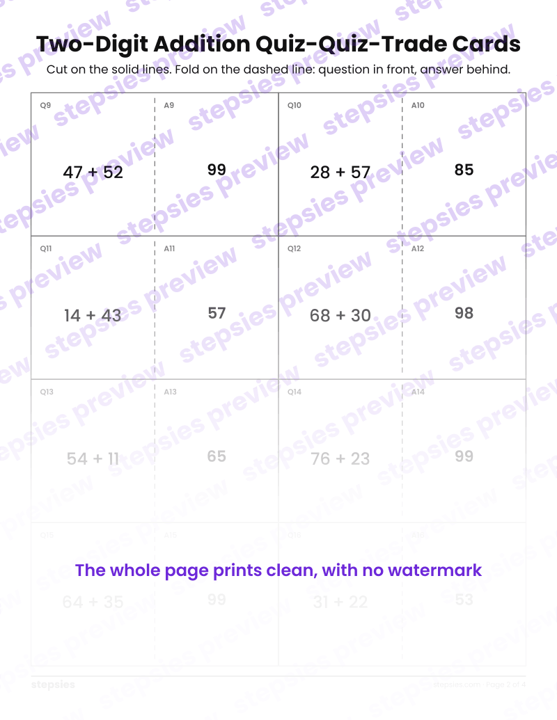 Two-Digit Addition: Quiz-Quiz-Trade Cards: page 2