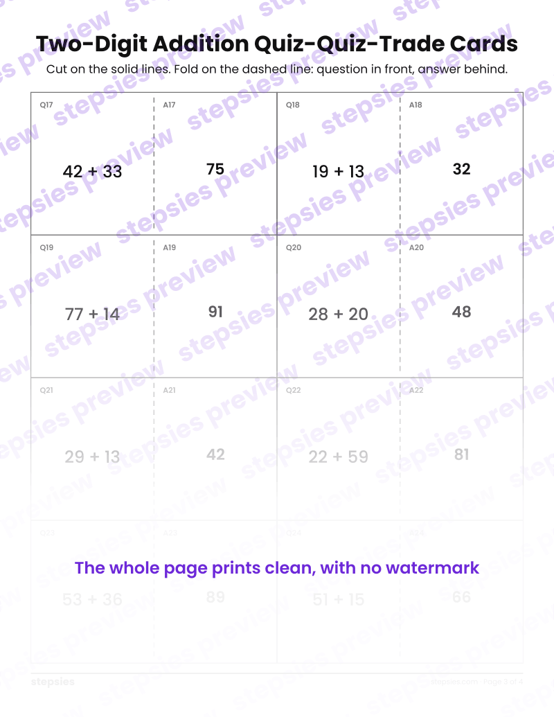 Two-Digit Addition: Quiz-Quiz-Trade Cards: page 3
