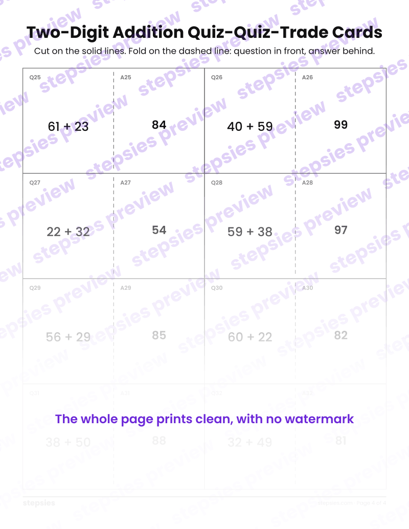 Two-Digit Addition: Quiz-Quiz-Trade Cards: page 4