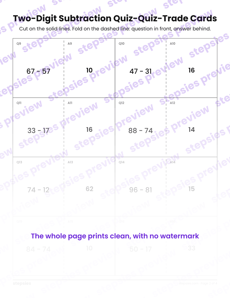 Two-Digit Subtraction: Quiz-Quiz-Trade Cards: page 2