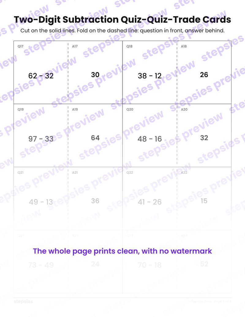 Two-Digit Subtraction: Quiz-Quiz-Trade Cards: page 3