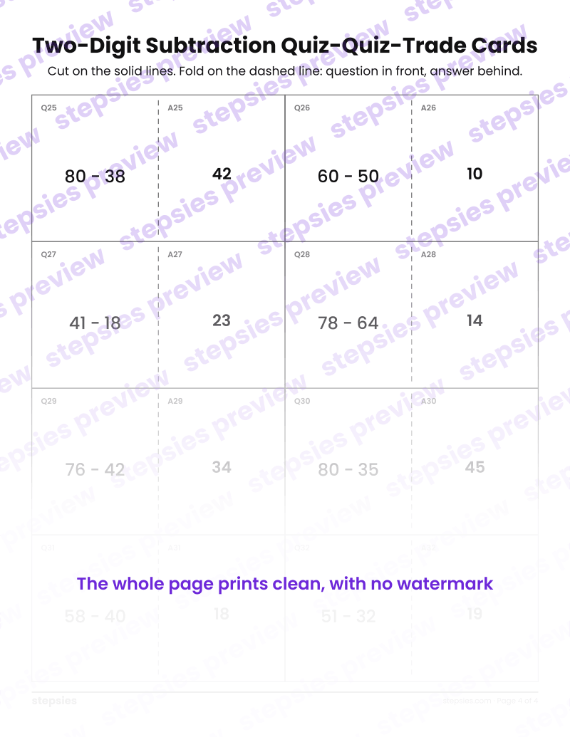 Two-Digit Subtraction: Quiz-Quiz-Trade Cards: page 4