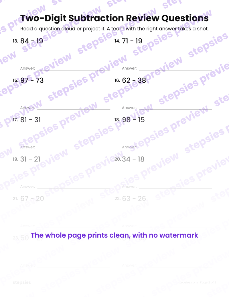 Two-Digit Subtraction: Trashketball Review Questions: page 2