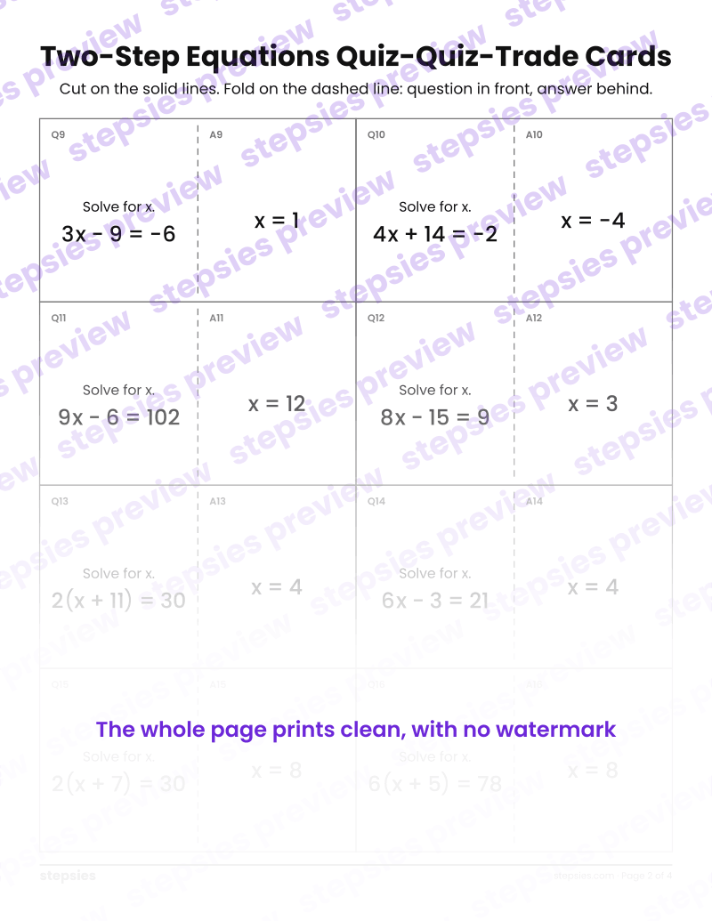 Two-Step Equations: Quiz-Quiz-Trade Cards: page 2