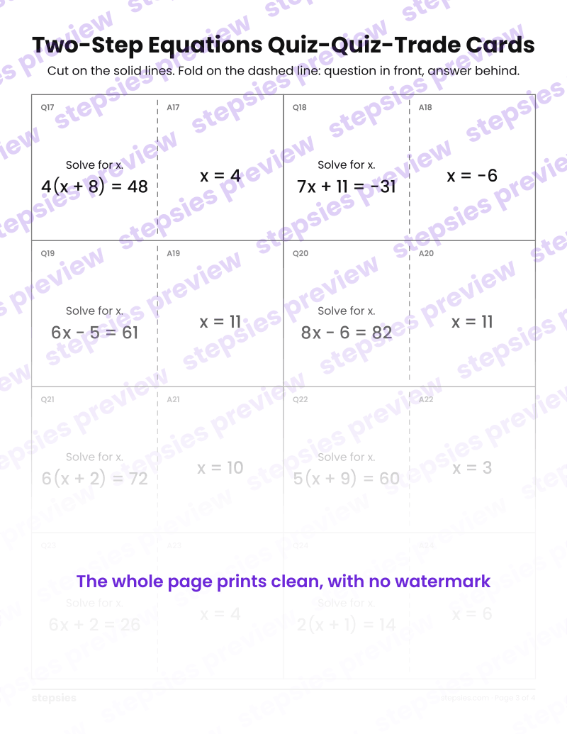Two-Step Equations: Quiz-Quiz-Trade Cards: page 3