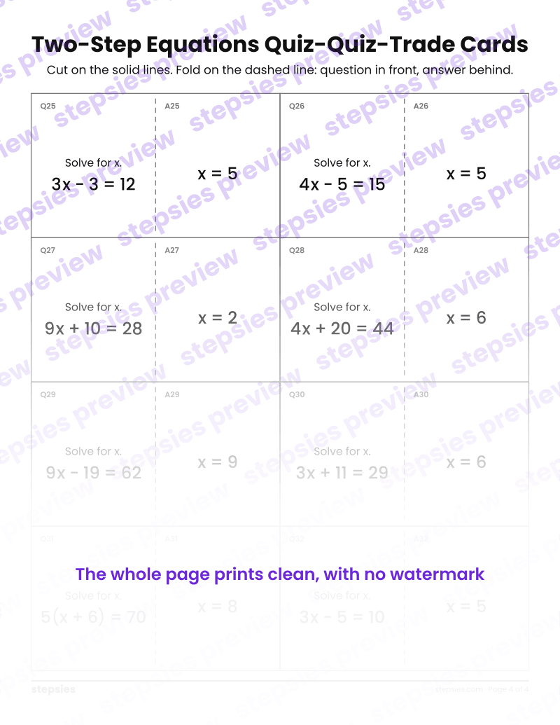 Two-Step Equations: Quiz-Quiz-Trade Cards: page 4